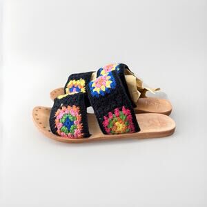 Manebi Granny Square Crochet Leather Sandals Size 36 Slides US 6